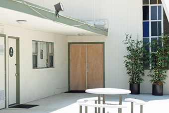 Detail of chapel entrance and offices of church in Carson, CA